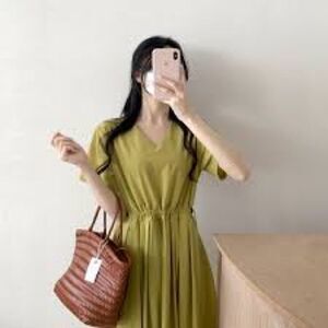 Green Rustic Dress Midi Drawstring Short Sleeve